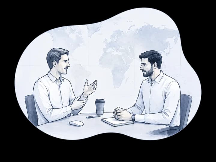 Two people talking through project context at a table