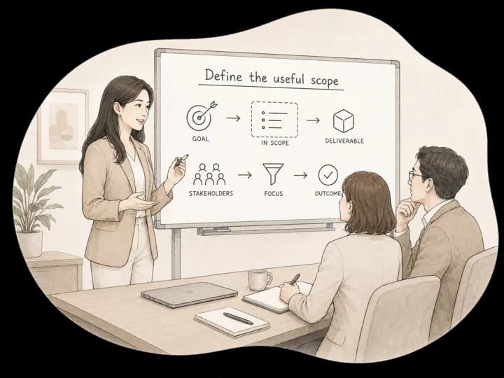 A team defining the useful scope on a whiteboard