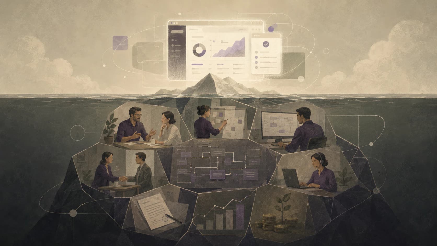 Editorial illustration showing a polished software dashboard above an iceberg-like business foundation containing customer research, product strategy, architecture, sales, support, contracts, and funding.