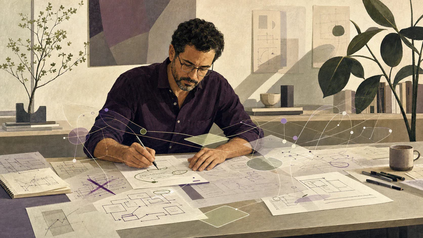 A software architect reviews system diagrams and technical notes while a translucent information layer offers quiet AI-assisted insights.
